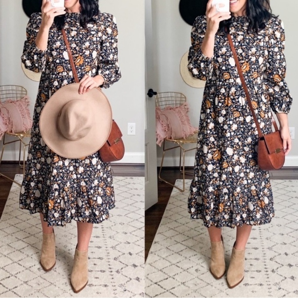 Universal Thread Long Sleeve Prairie Cottage Core Navy/Blue Floral Midi Dress